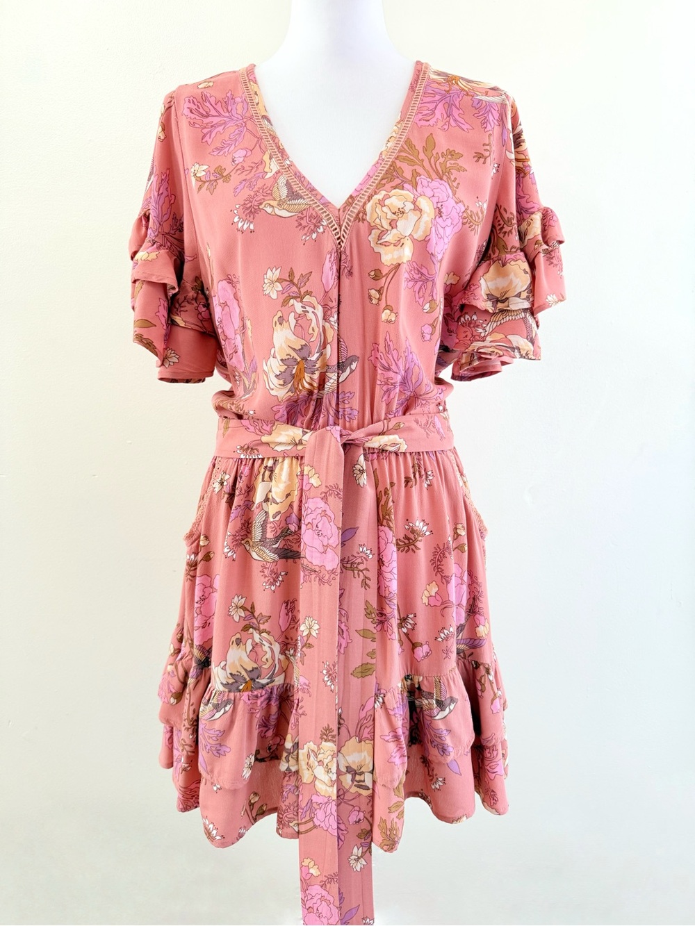 SPELL PINK PURPLE FLORAL BIRD PRINT RUFFLE TRIM ROSA PLAY MINI DRESS